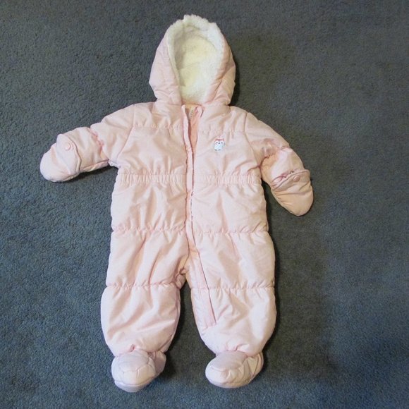 NEW Carters 3/6 M Pink Fleece Lined Hood Snowsuit Quilted Warm - Picture 1 of 2